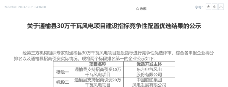 中船風電、東方風電獲風電項目競配指標